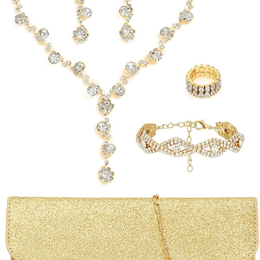 Purse Rhinestone Jewelry Set Gold Silver Formal Evening Bridal Prom